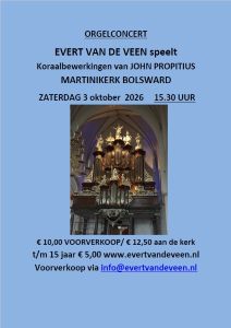 Martinikerk te Bolsward orgelconcert 2026 met Evert van de Veen